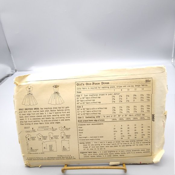 Vintage Sewing PATTERN Simplicity 2007, Girls 1957 One Piece Party Dress, Child - Picture 2 of 2